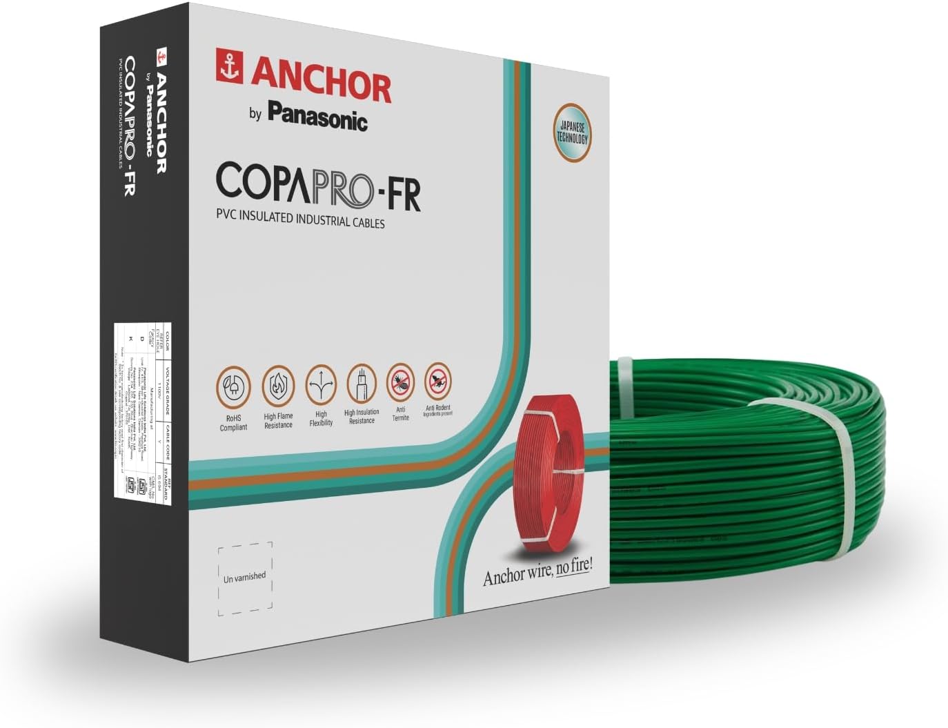 Anchor by Panasonic 1 mm COPAPro FR Electrical Wire, 90 Meter Fire Resistant Single Core PVC insulated Pure Copper Wire, Anti Rodent Anti Termite Flexible Wire for Connections (GREEN, 96138GN)