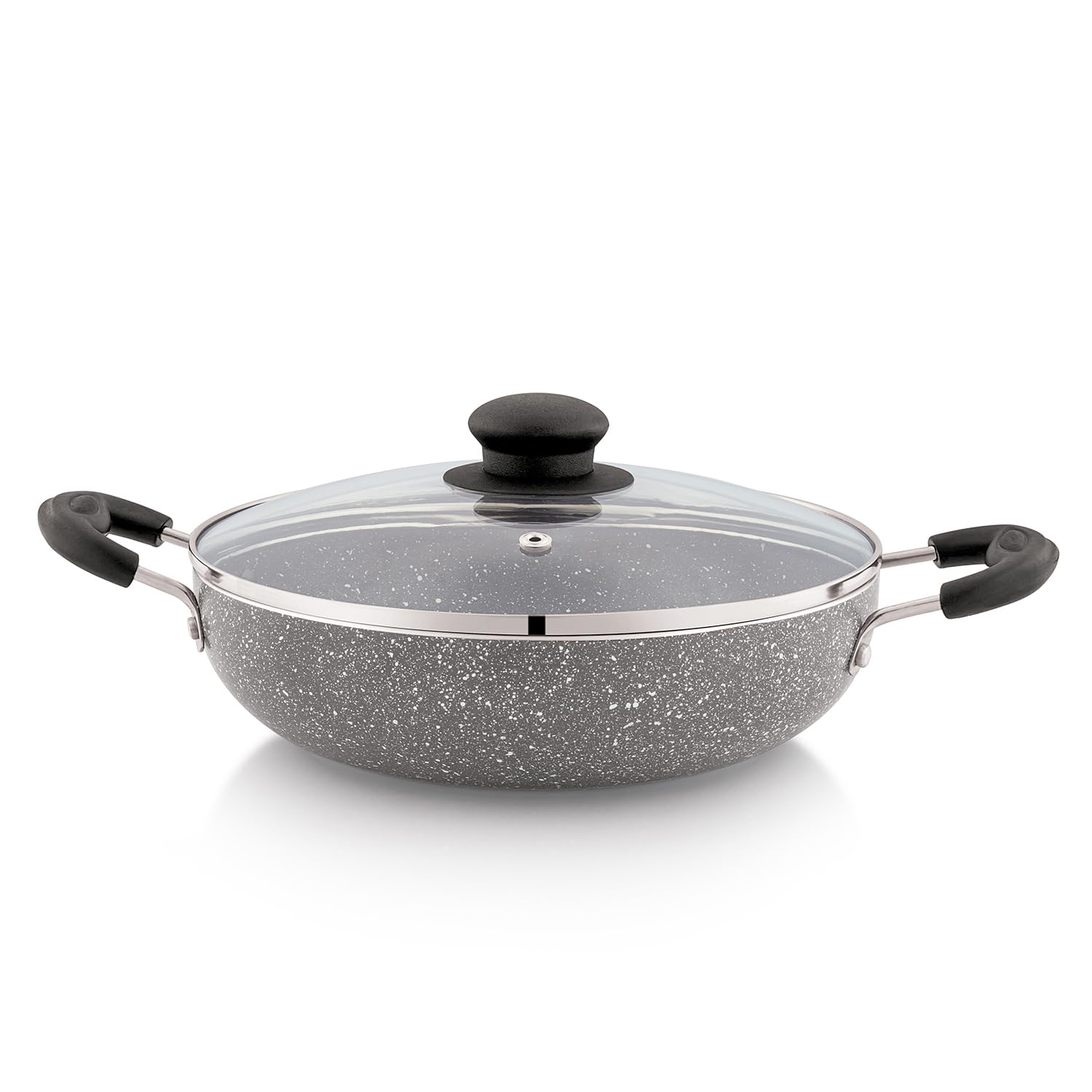 Amazon Brand - Solimo Non-Stick Kadai with Glass Lid | Granite Finish | Induction Base | PFOA Free | High Temperature Resistant Exterior Coating | 22 cm | Grey