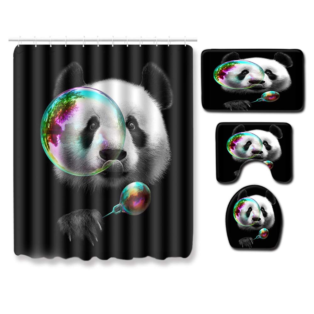 Boyouth Panda 4Pcs And Colorful Bubble Pattern Digital Print Shower Curtains Sets With Bath Mat,Contour Rug,Toilet Lid Cover For Bathroom Decor