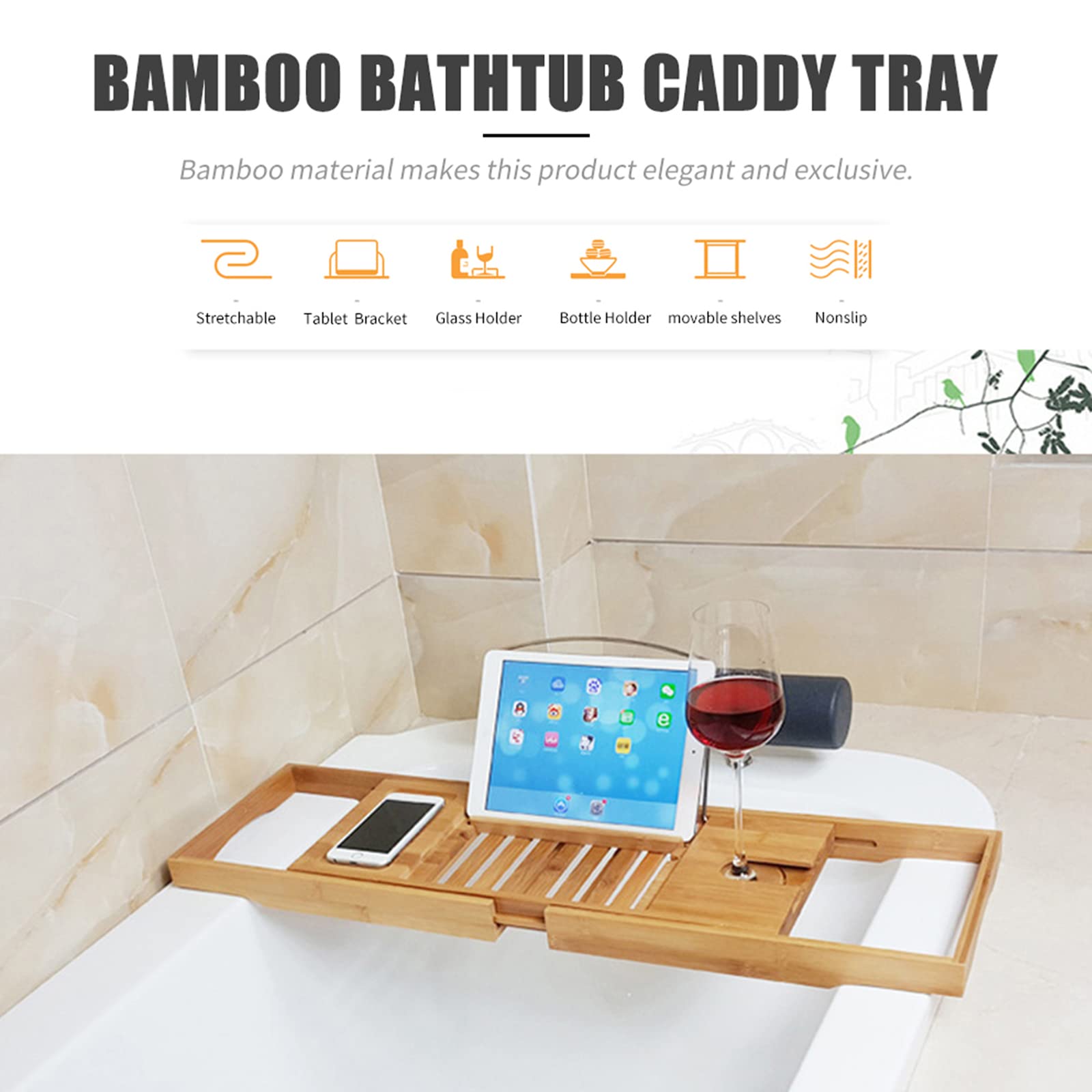 Bandeja Caddy para bañera de bambú de Primera Calidad, Bandeja de Madera Extensible con Soporte para Copas de Vino, Soporte para Lectura y Ranura para teléfono para bañeras, Caja Individual