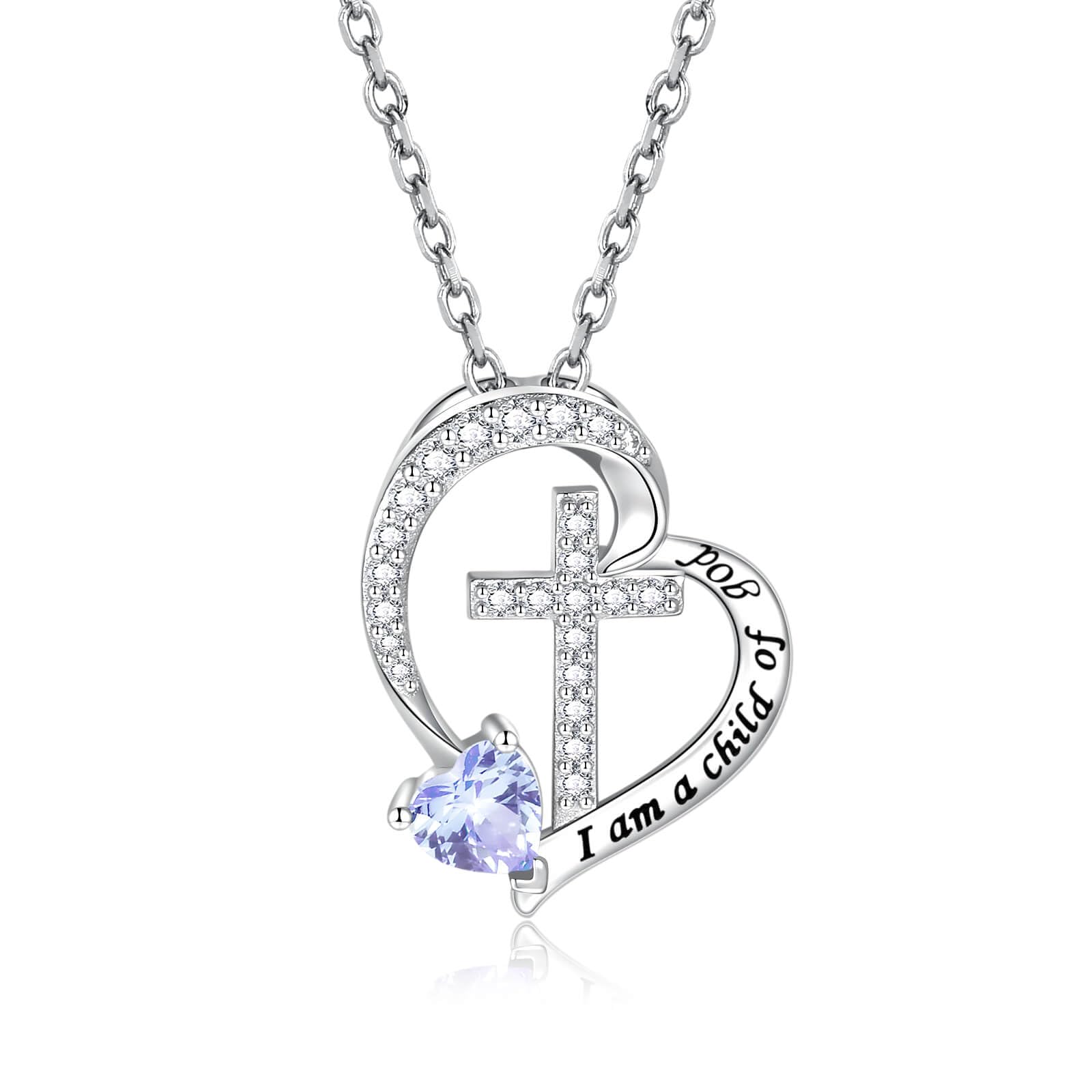 MANBU Sterling Silver Cross Necklace for Girls: Heart Birthstone I am a Child of God Pendant Religious Jewelry Baptism First Communion Confirmation