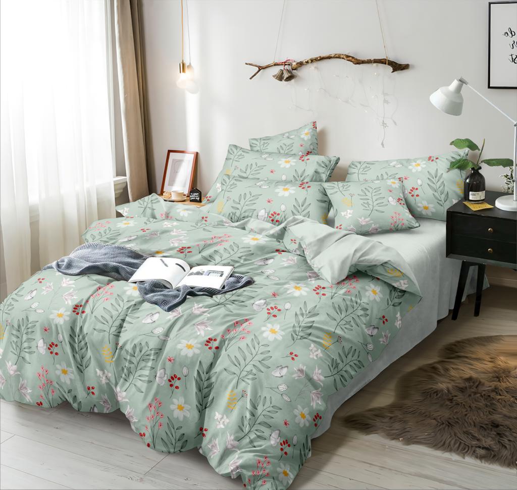 THE HOME STYLE Cotton Feel Glace Cotton Elastic Fitted Printed Double Bed King Size Bedsheet With 2 Pillow Cover(72"X72",Pastel Hydrangea Bloom),300 TC,Green