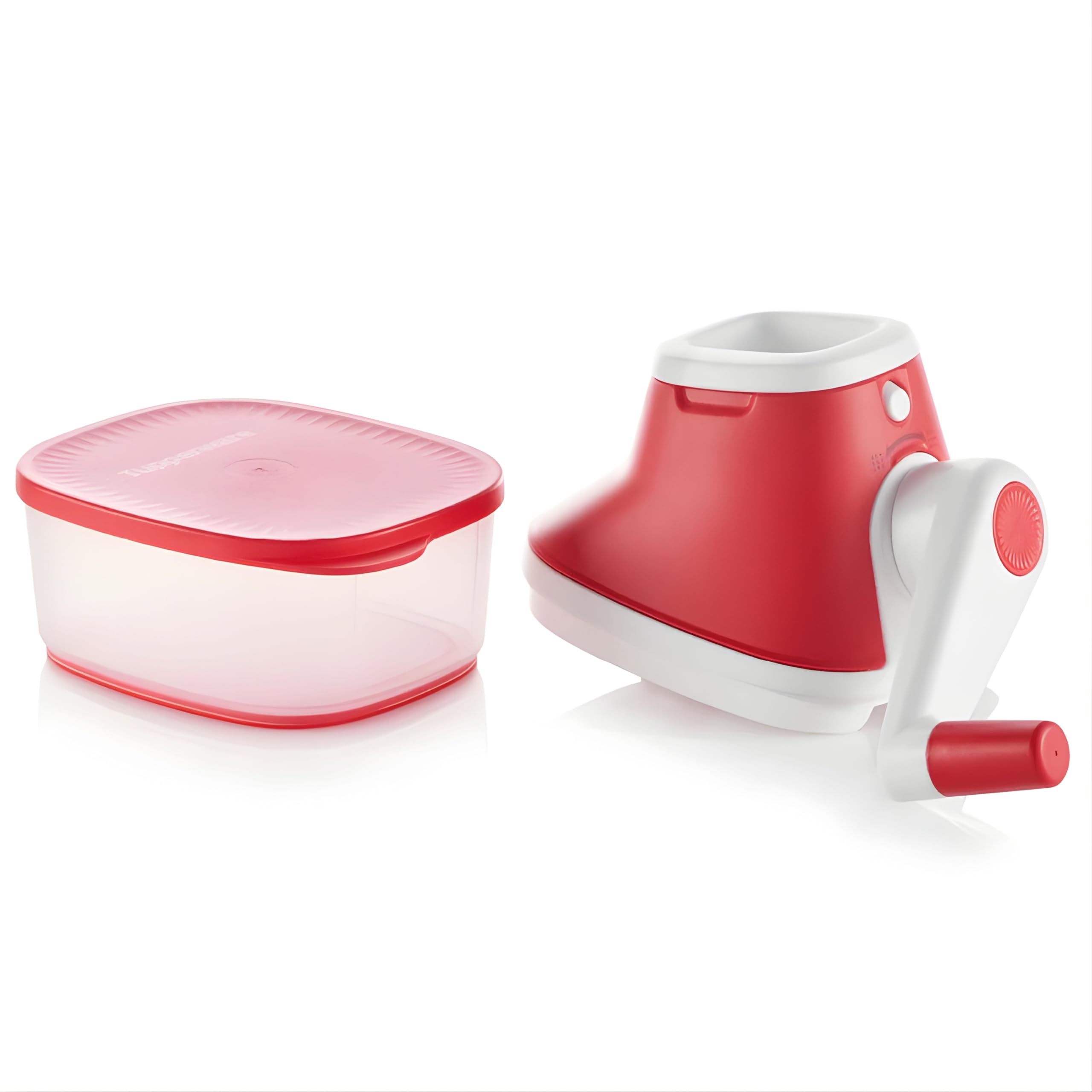 Tupperware Grate N Store Râpe Double Manivelle - Fin et Grossier Rotation 2 Sens - Contenant 430 ml Couvercle Inclus - Plastique - 13x11,5x15 cm - Cuisine Pratique Qualité Professionnelle