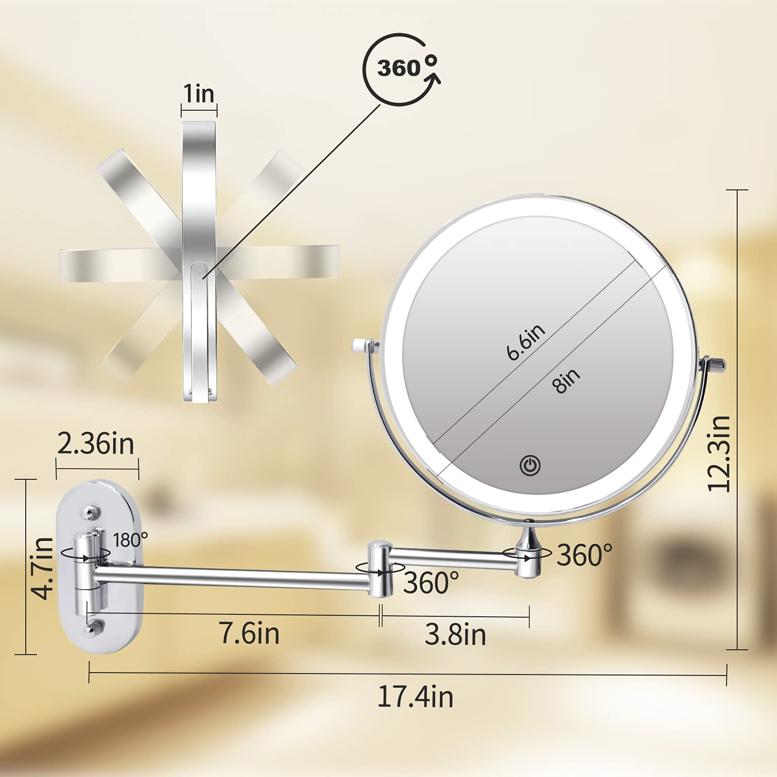 Wall Mounted Lighted Makeup Vanity Mirror 20cm 1X/10X Magnifying Mirror with 3 Colour Lights