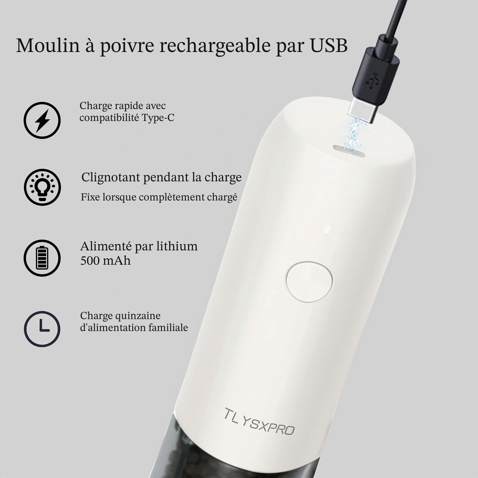 TLYSXPRO Moulin à poivre électrique, rechargeable par USB, moulin à sel et poivre automatique, avec réglage de la grosseur, lumière LED, rechargeable, accessoire de cuisine (1 pièce, Blanc)