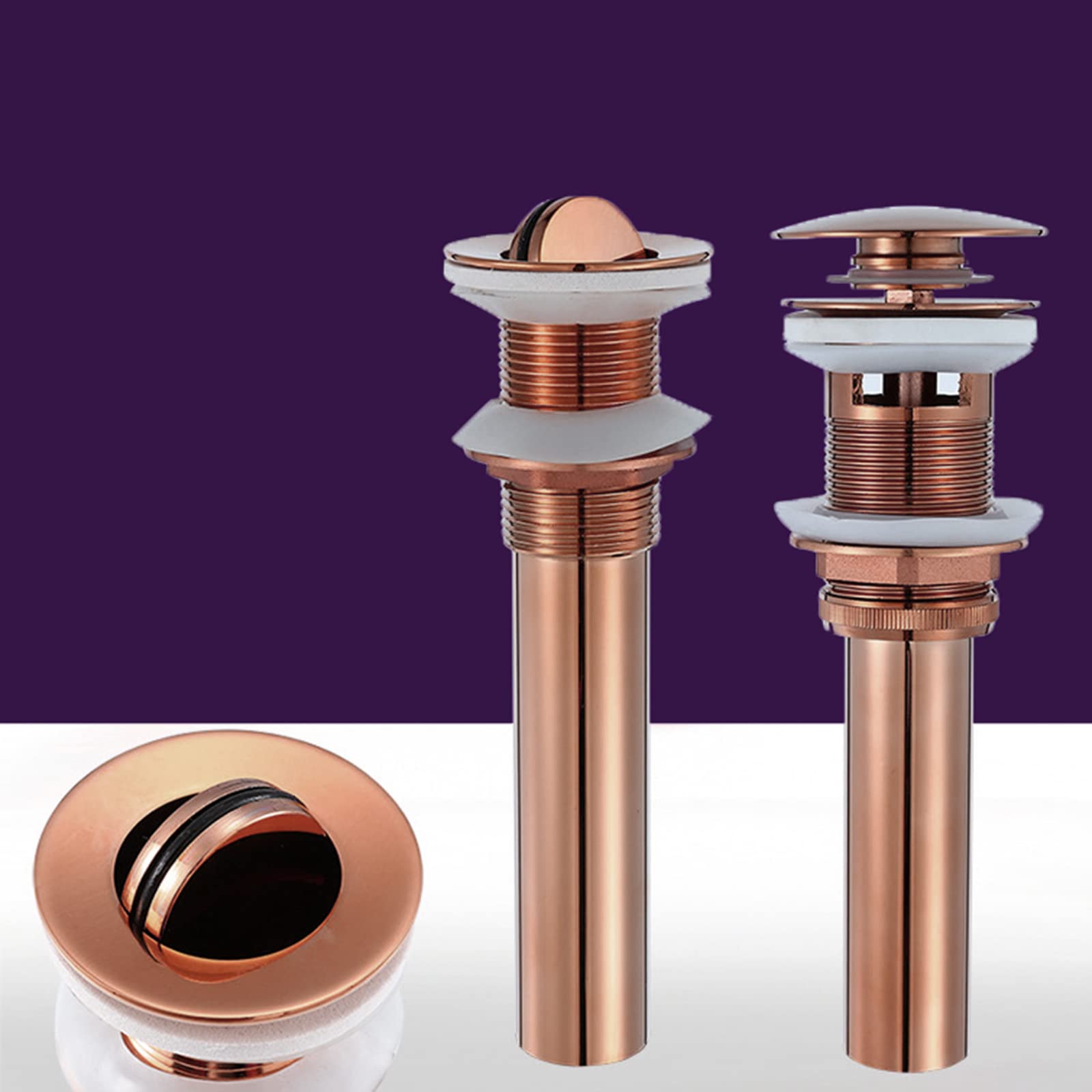Tubo di scarico per lavello pop-up Tappo per lavabo pop-up in ottone con scarico e troppopieno scanalato in oro rosa 21 x 6,6 cm (Rose Gold a)