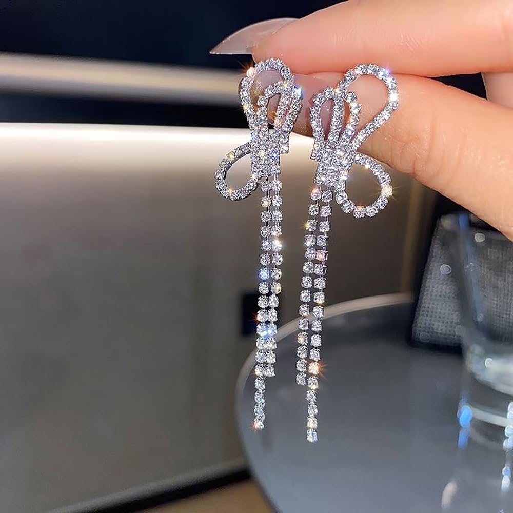 Rhinestone Bow Earrings for Women - Crystal Tassel Long Chain Dangle Earrings - Ribbon Bowknot Jewelry Gifts - Image 5