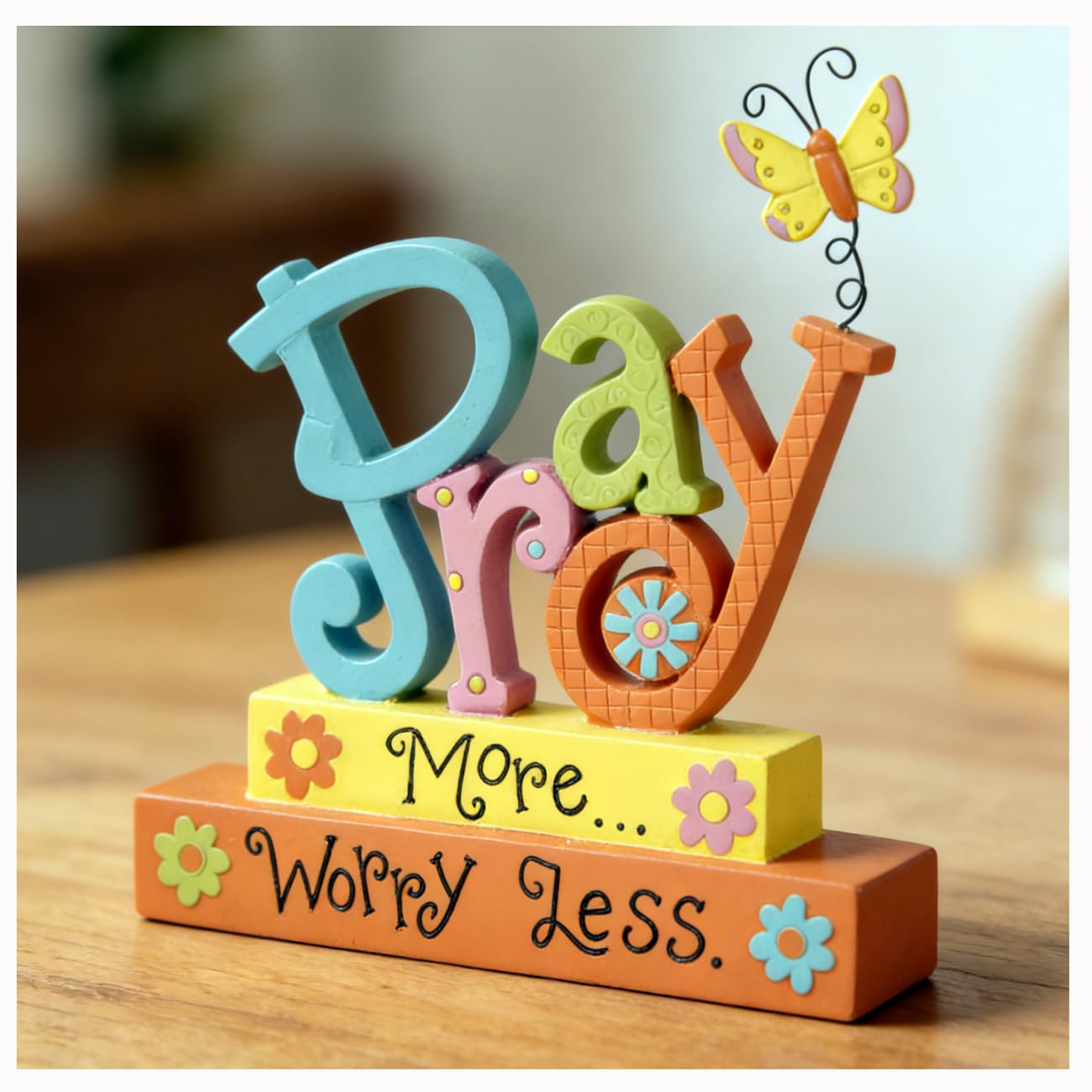 Pray More Worry Less Resin Decor Sign, Colorful Christian Tabletop Multicolor