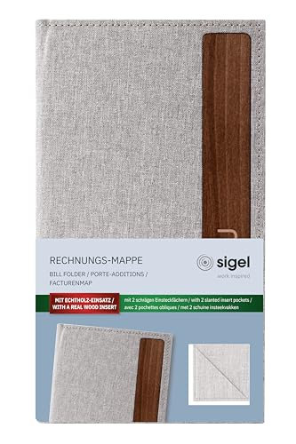 SIGEL RM221/5 Rechnungsmappe Thank you, 5er Pack, strapazierfähiger und wasserabweisender Einband,hellgrau/braun mit Leinenstruktur, Kunststoff und Walnussholz