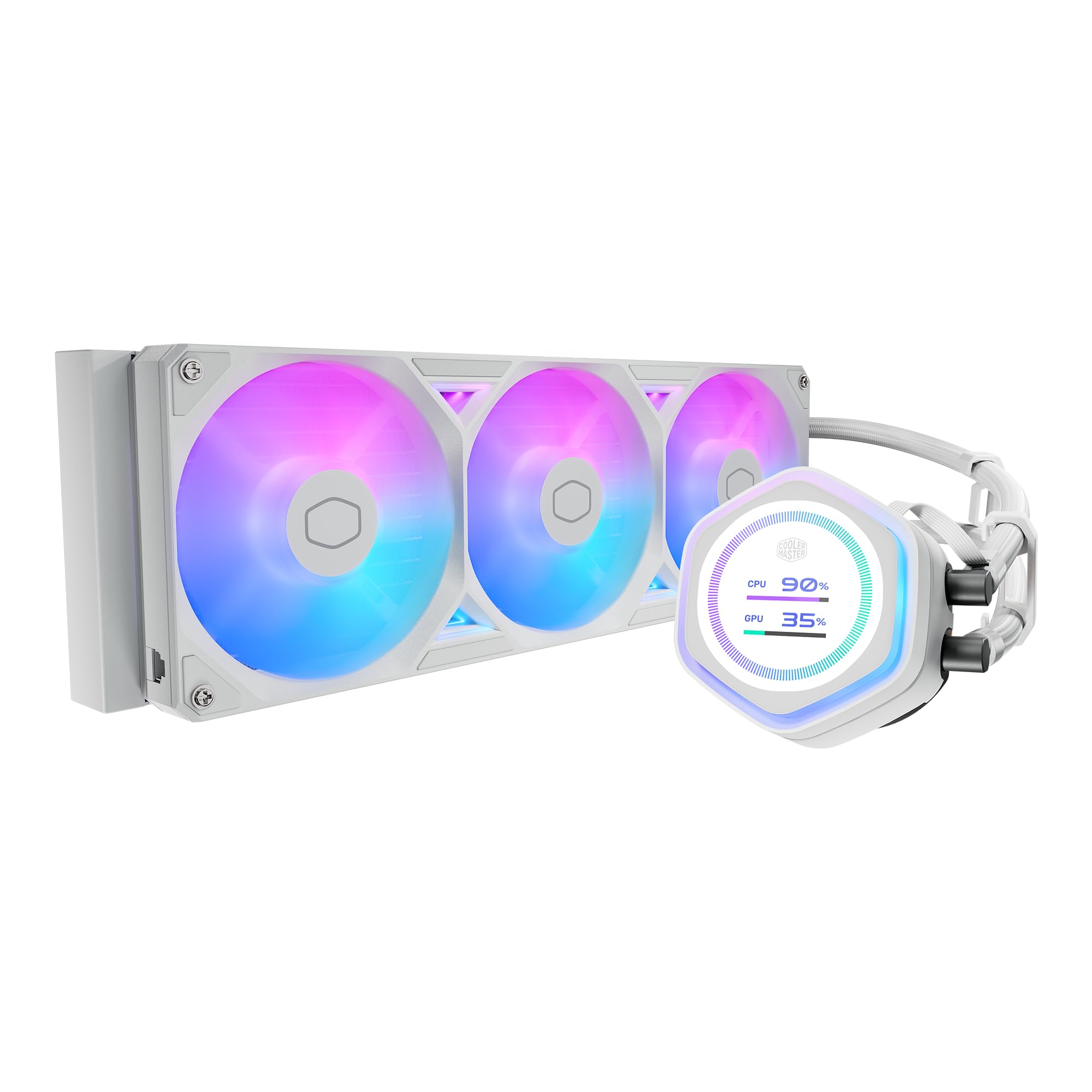Cooler Master Atmos II 360 LCD Panel White FreeForm 2.0 CPU Liquid Cooler, Dual Chamber Pump, Customizable aRGB Lighting, Quiet Qperation, Easy Install, AMD Ryzen 9 AM5|4, Intel Ultra i9 LGA 1851|1700