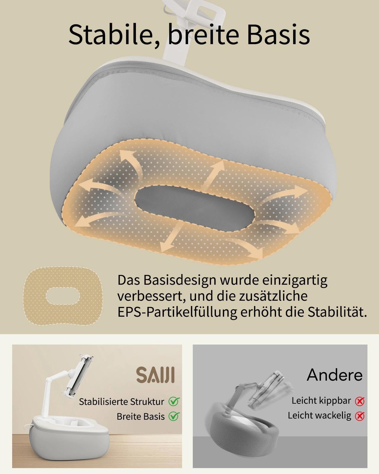 SAIJI Supporto per cuscino per tablet da letto regolabile per iPad con ciotola per snack di qualità alimentare, accessorio per bambini da 4,7 a 15,6 pollici, smartphone, tablet, grigio
