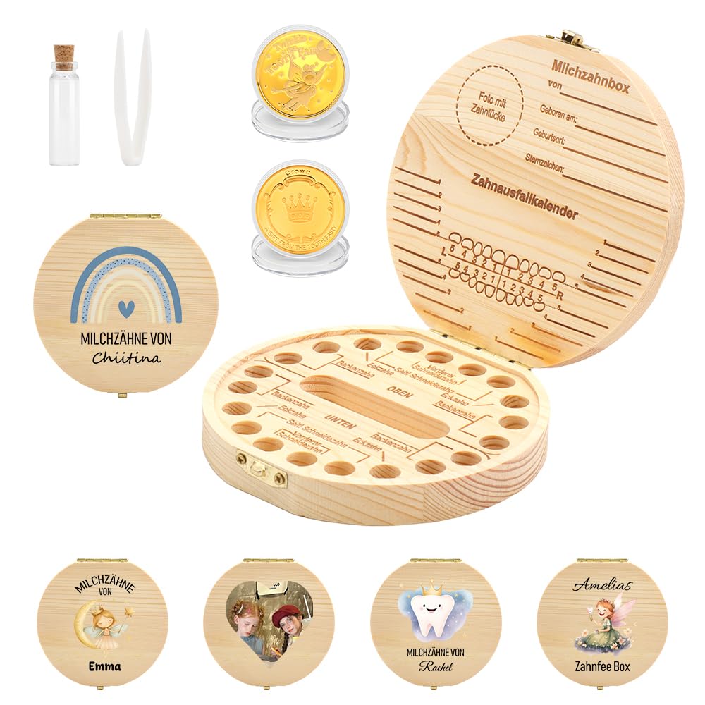 FIDWALL Personalisierte Milchzahndose mit Namen & Motiv, Set mit Zahnfee Münze, Zahndose Milchzähne für Jungen & Mädchen, Holz Zahnbox als Andenken & Geschenkidee für Kinder, Zahnrettungsbox (Farbig)