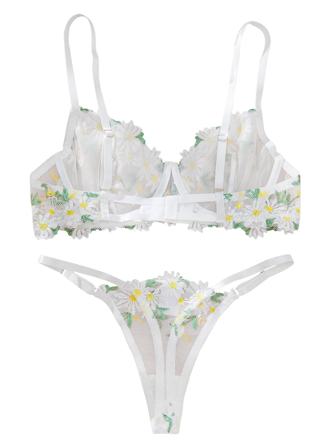 Lilosy Sexy Floral Embroidered Mesh Women Underwire Push Up Lingerie Set