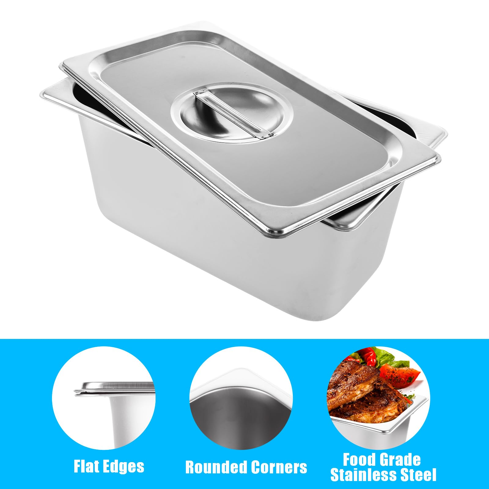 YAYODS Gastronorm - 2 recipientes de acero inoxidable con tapas, recipientes profundos para alimentos, color plateado, 325 x 175 x 150 mm, 2 unidades