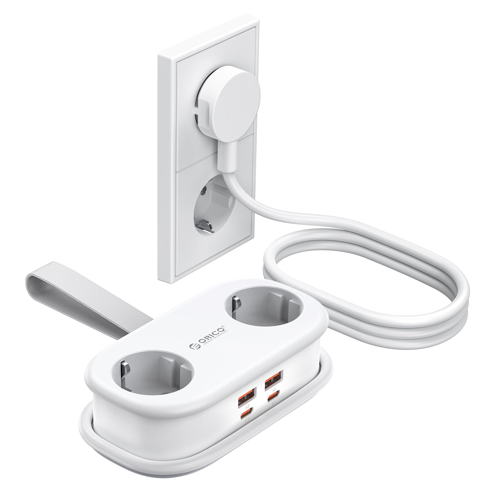 ORICO 65W GaN Reise-Mehrfachsteckdose mit USB C, 6-in-1 Schnelllade-Steckdosenleiste mit 4 USB, Mehrfachstecker 1,6m aufnehmbares Verlängerungskabel für MacBook, iPad, Handy, Reisen - AP3 Weiß