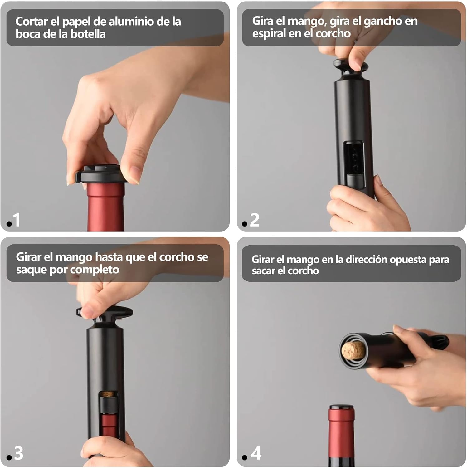 Abridor de vino sacacorchos profesional 4 en 1 con cortador de papel, vertedor, tapón de vacío, abrelatas