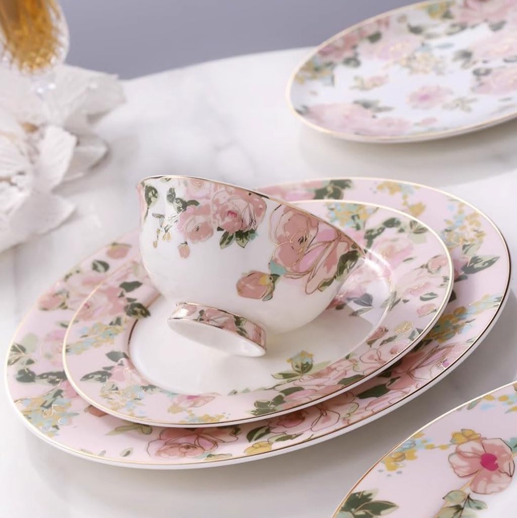 SLEEVE Piatti Cena Piatto Piano In Ceramica Con Bordo Dorato In Stile Pastorale, Piatto Piano Da Tavola In Porcellana Bone China Piatto da Portata