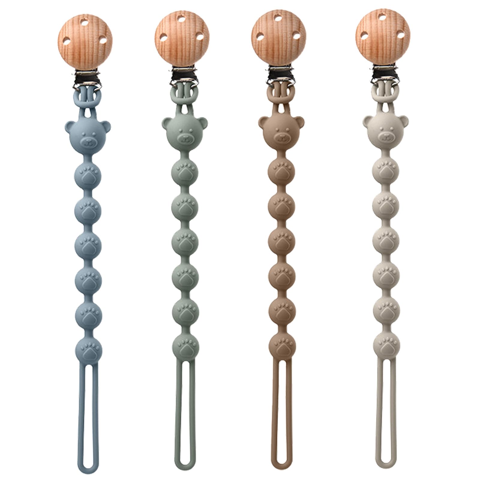 4 Stück Schnullerkette Silikon mit Holzclip, Schnullerband für Mädchen & Junge, Cup Catcher Baby, Nuckelkette, Baby Zubehör, Schnullerhalter für Babyflaschen Kinderwagen Hochstühle