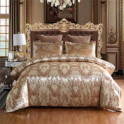 NFDF Parure de lit au motif baroque, en tissu jacquard, ensemble de luxe au style princesse, avec fermeture éclair et taie d'oreiller, couleur marron, 200 x 200 cm
