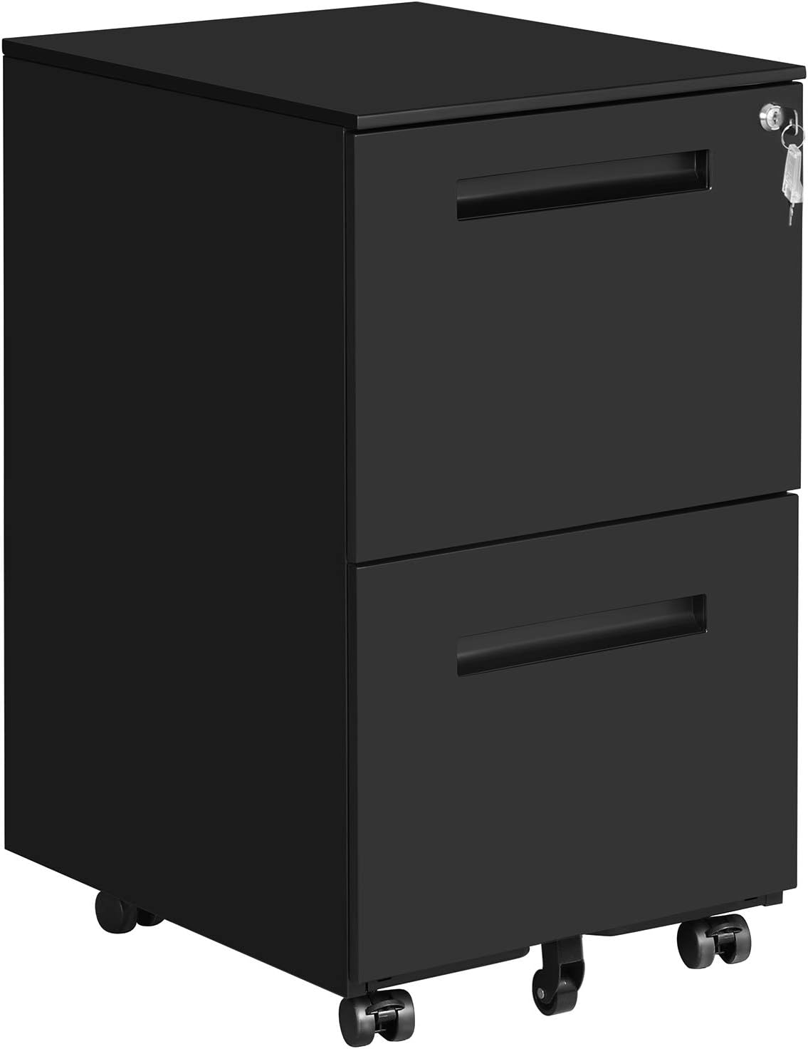 SONGMICS Mobile File Cabinet, with 2 Drawers, Lock, for Office Documents, Suspended Folders, Pre-Assembled, 39 x 45 x 69.5 cm (L x W x H), Matte Black OFC52BK