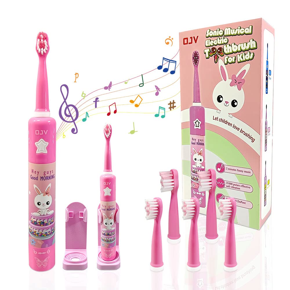 OJV 8620 Sonic Cartoon Musical Kids Spazzolino da denti elettrico per bambini, 3 modalità con memoria, timer da 2 minuti, ADA accettato, 4 testine 31000 colpi ricaricabile spazzolino per ragazze 3+