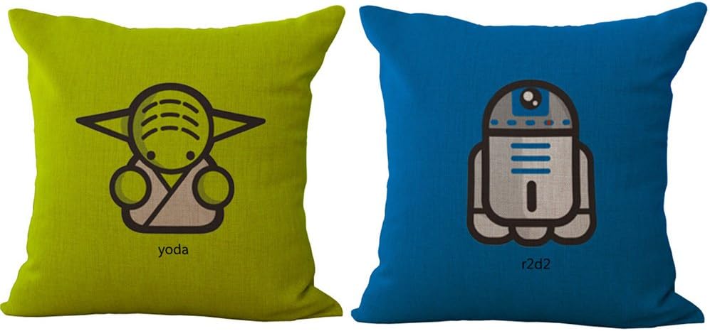 2 Pack Cute Cartoon Q Version Star Wars Yoda Darth Vader Throw Pillow Covers 18x18 Inch Cushion Cover Pillowcase with Zipper Cotton Linen Burlap Square Pillow Cover for Sofa Decor