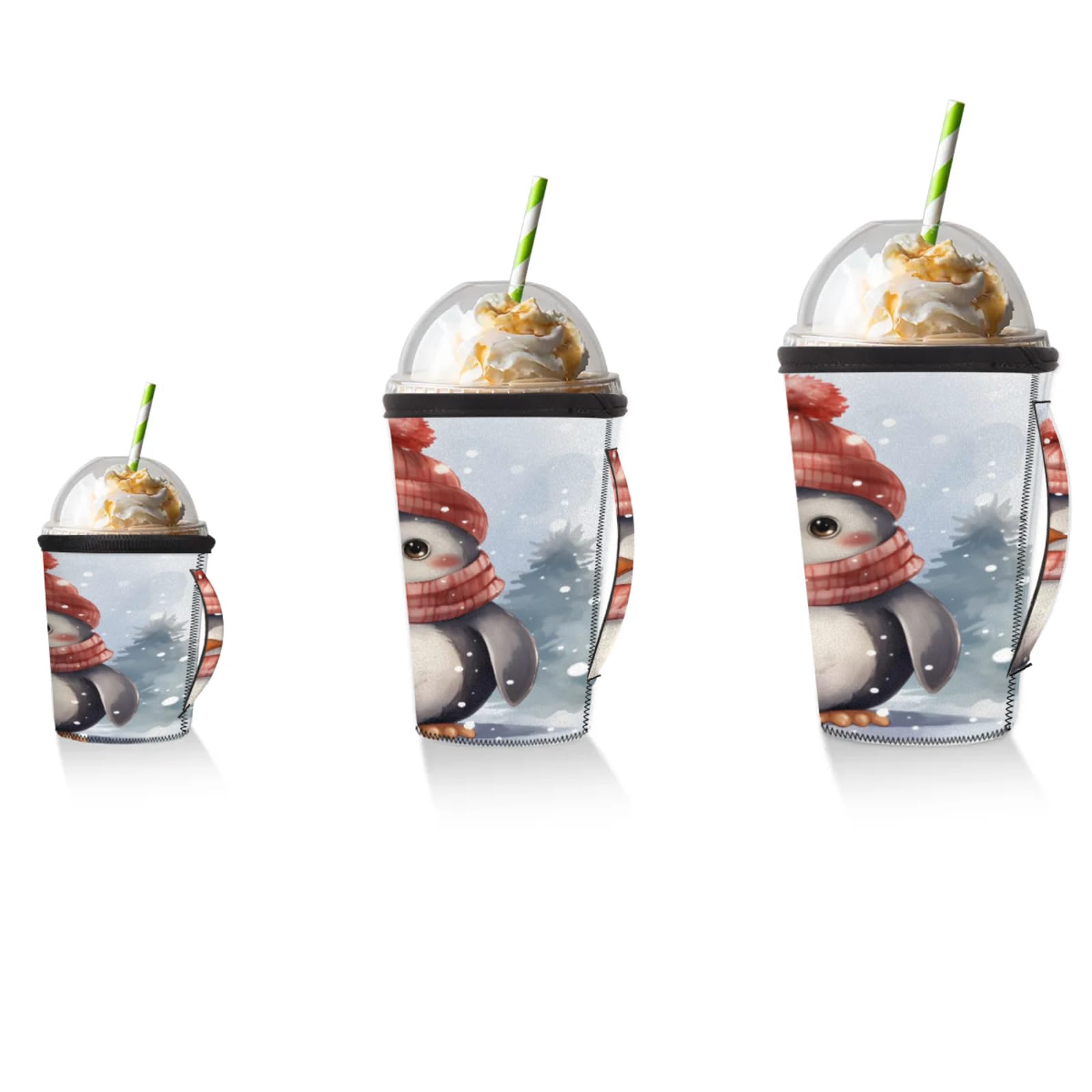 Penguin Cartoon Hat Scarf Reusable Neoprene Coffee Sleeve with Handle Insulated Iced Coffee Cup Holder Reduces Condensation Fits 24-28 oz Cups M