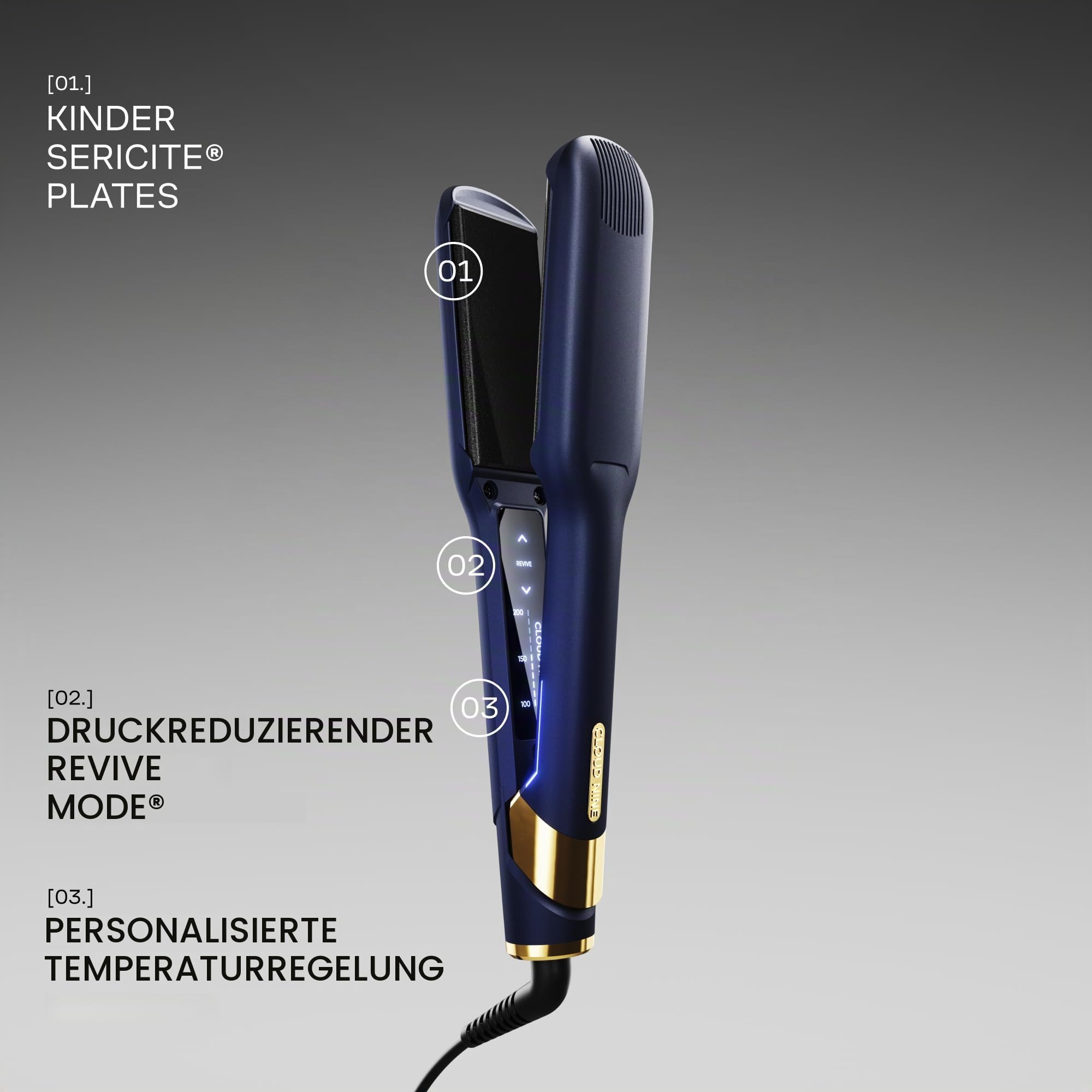 Cloud Nine Wide Iron Glätteisen, breite Platten für dickes Haar, Blau | Breiter Haarglätter, 11 Stufen, 100-200°C, Revive-Modus, Keramikplatten, weniger Frizz, langes Haar, Etui und Schutzkappe