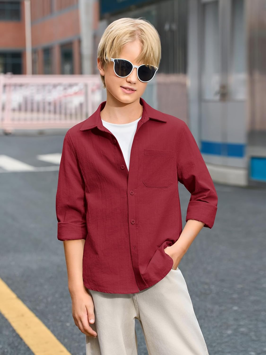 Haloumoning Boys Linen Button Down Shirts Kids Long Sleeve Dress Shirts School Uniform Shirt 5-14 Years - Image 2