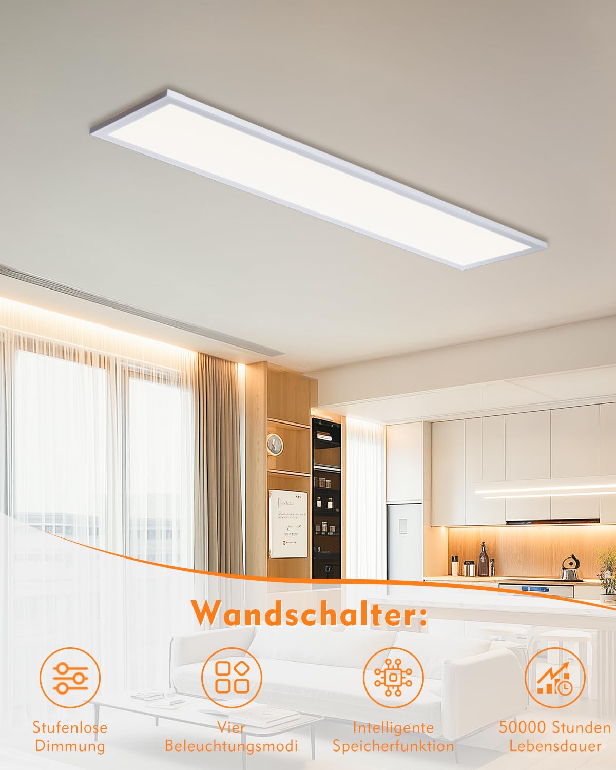 GIACOMO LED Deckenleuchte Dimmbar, 100x25CM LED Panel Flach, Deckenlampe mit Fernbedienung 36W 3600LM 3000-6500K mit Nachtlicht 1800K 8W für Schlafzimmer Wohnzimmer Küche