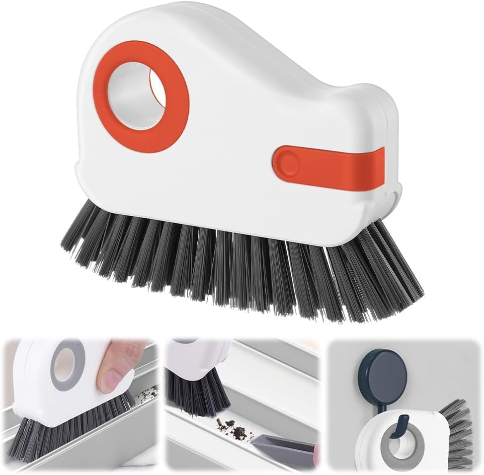Image of 2-in-1 Groove Cleaning Brush with Hidden Scraper, Window Track Cleaner Brush, Crevice Cleaning Tool for Sliding Door Tracks, Window Sills, Narrow Gaps, Kitchen & Bathroom Cleaning (Orange)
