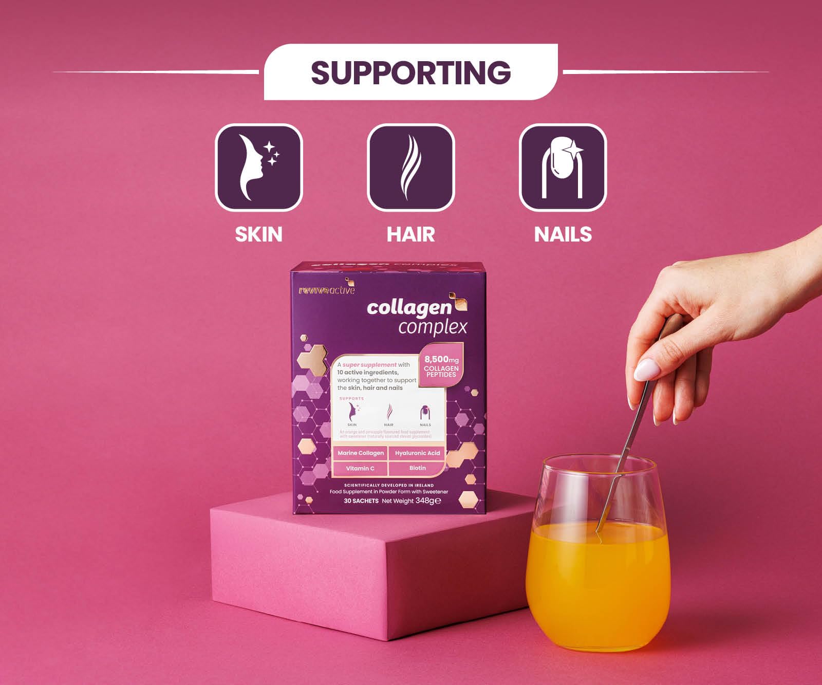 Revive Active Collagen Complex, 8 500 mg di collagene marino con acido ialuronico, 5 vitamine e 3 minerali per supportare pelle, capelli e unghie, 1 bustina al giorno, fornitura per 30 giorni