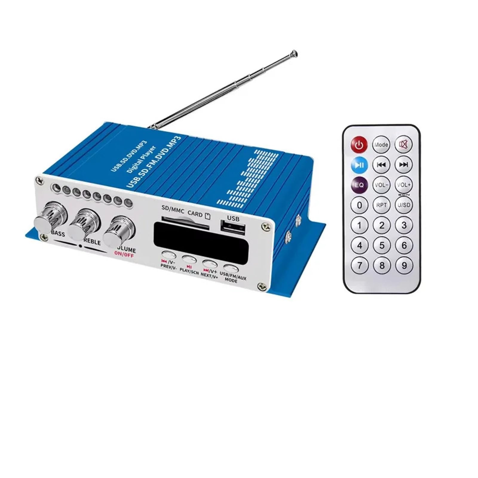 Wzmacniacz audio, DC12V Mini wzmacniacz Bluetooth Wzmacniacz słuchawkowy SD/USB Odtwarzanie radia FM z pilotem do samodzielnego montażu(Blauw)