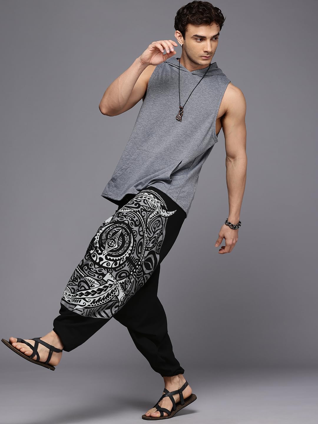 Boho Pants Elastic Ankle Harem for Men, Exercise Pajama Jogger Loose Boho Aladdin Pant, Trident Crest Black-Grey, One Size
