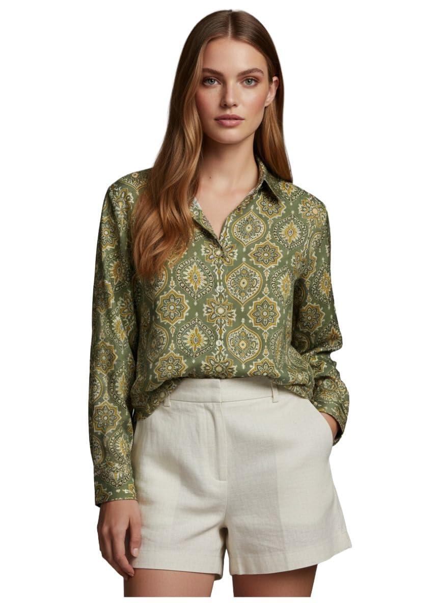 ANNI Designer Bedrucktes Damenhemd aus Baumwollmischgewebe, langärmelig, normale Passform, Hemdkragen, legere Bürokleidung, elegante Western-Kleidung für den Alltag, Hochzeit, Party