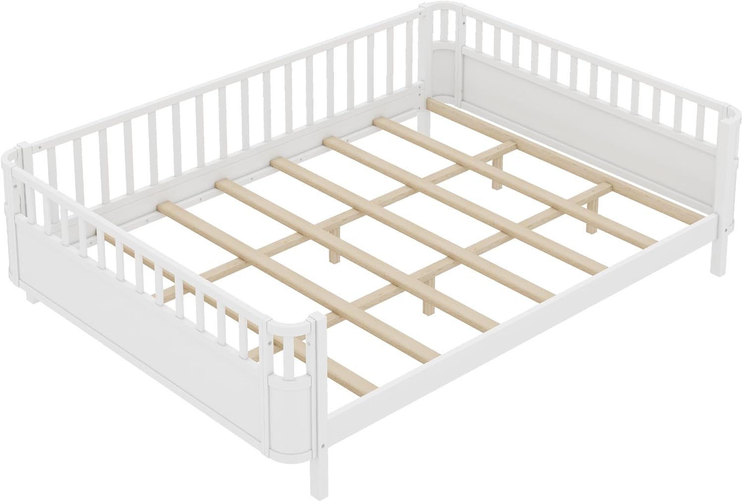 Harper & Bright Designs Floor Montessori Bed Queen Size with Rails, Low Corner Bed Frame with Safety Guardrails, Rounded Corners for Kids, White