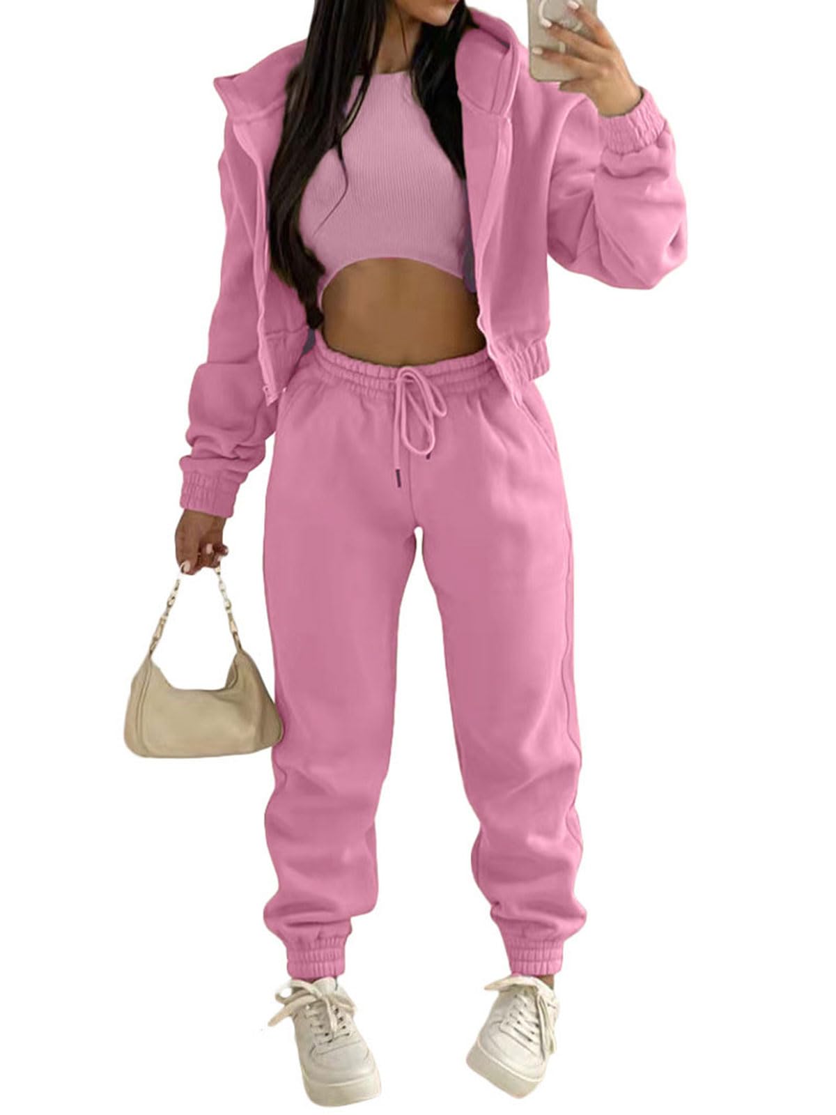 Akmipoem Sweatsuits for Women Set 3 Piece Outfits Zip Up Hoodie Sweatshirt Crop Tank Top Jogger Sweatpants Tracksuit