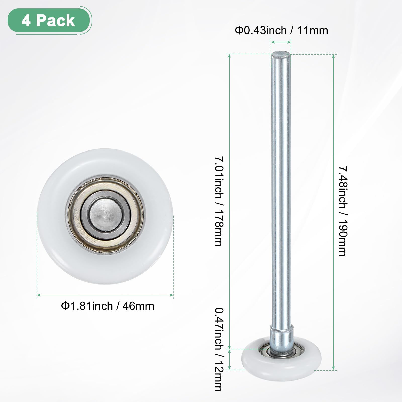 M METERXITY 4 Pcs Rullini Nylon Per Porte Garage 1.8"/ 46mm Rullini Silenziosi Per Porte Garage Con Stelo 190 Mm Cuscinetto Di Precisione Sigillato 6200zz 8 Sfere [Bianco]