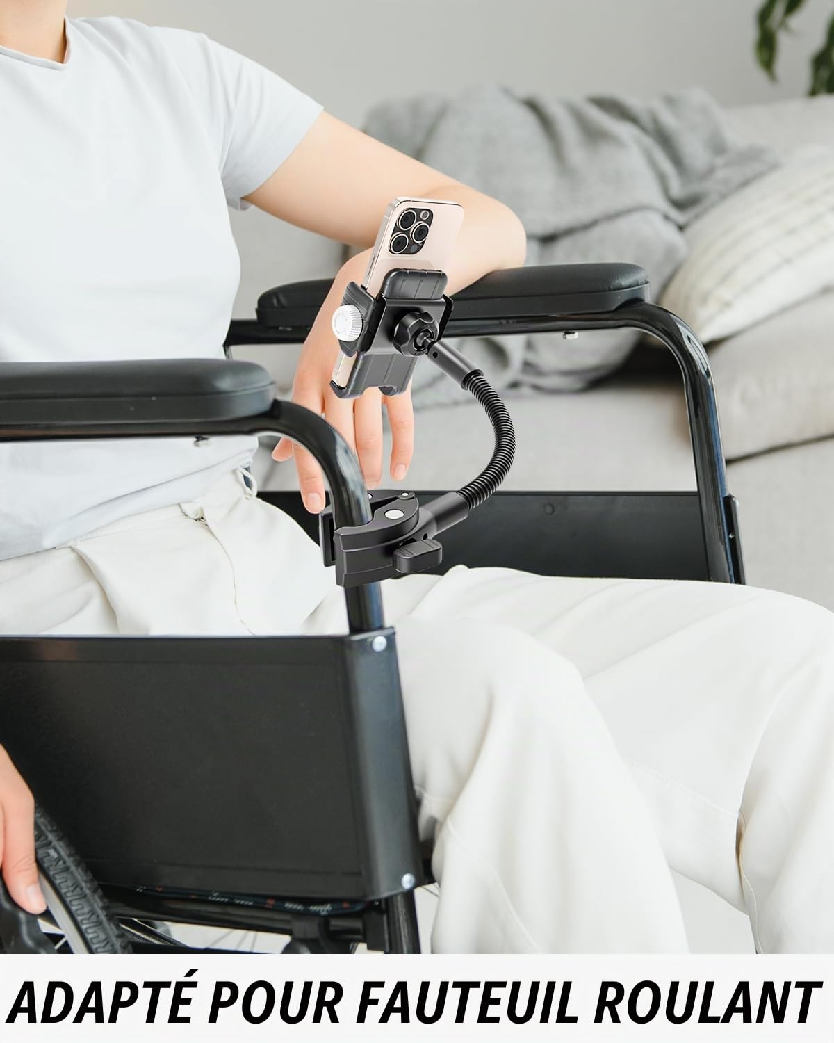 Support de téléphone Portable col de Cygne Rotatif à 360° pour Fauteuil Roulant - [Contre Les Chutes], Porte de téléphone pour Poussette pour Tous Les Smartphones avec Coque épaisse