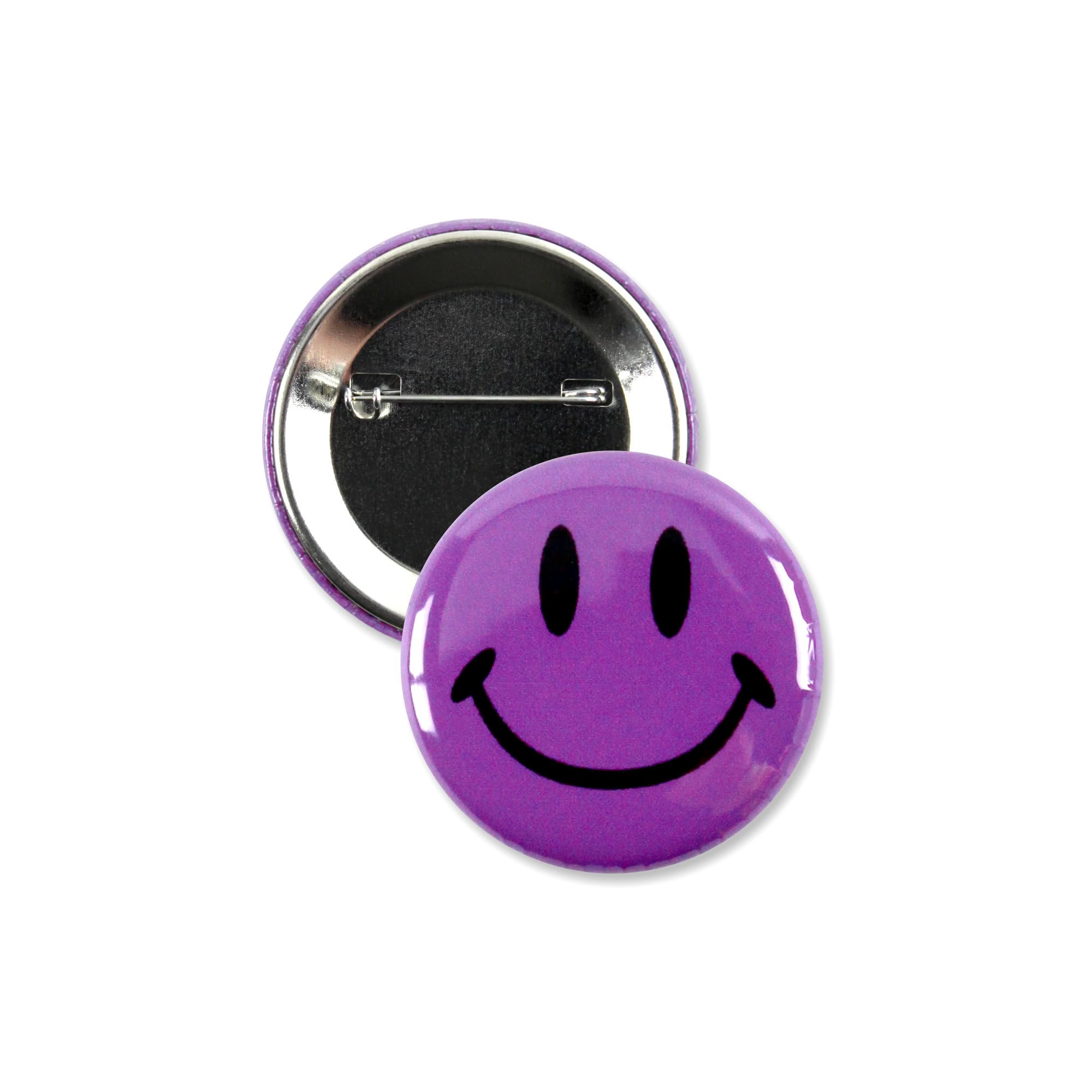 Smiley Face Pinback Buttons - 2.25 Inch – Classic Round Badge, Durable Metal with Secure Pinback, Ideal for Backpacks and Clothing – Emoji Novelty Pins for Parties, Giveaways and Everyday Wear (5, Purple)