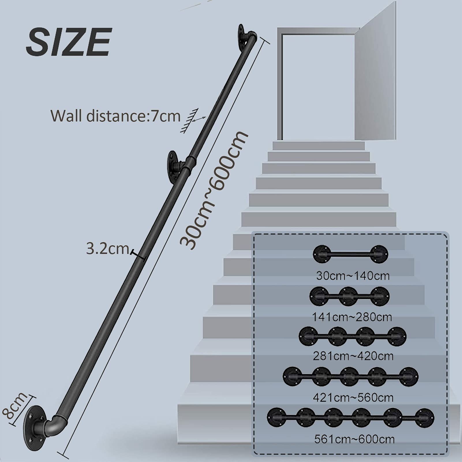 CMBSSTFC Kit de Soporte para barandilla Barra de Apoyo montada en la Pared Hierro Forjado Negro para Uso en Interiores y Exteriores Varios tamaños: 100 cm a 3,6 m