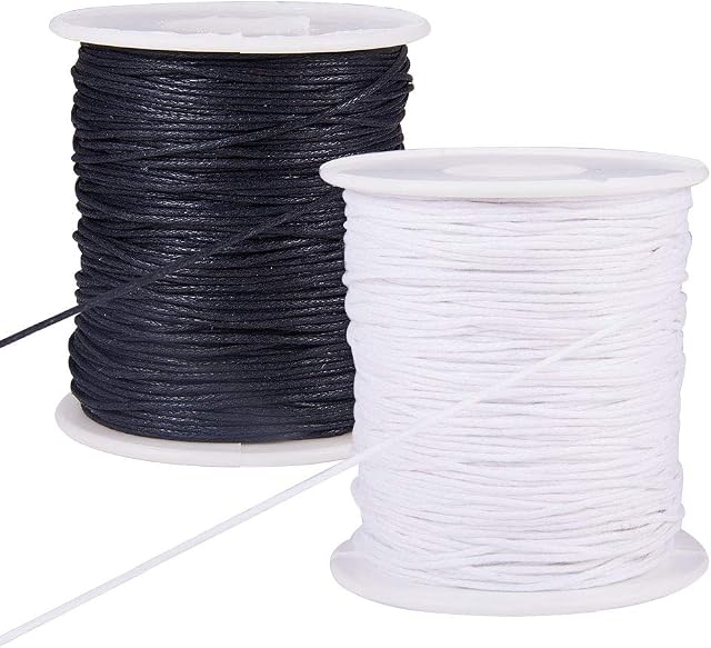 PandaHall 200 Yards 1mm Waxed Cotton Thread Cords Thread Beading String Spool for Jewellery Making and Macrame Supplies (Black & White, 100 Yards Each Roll)