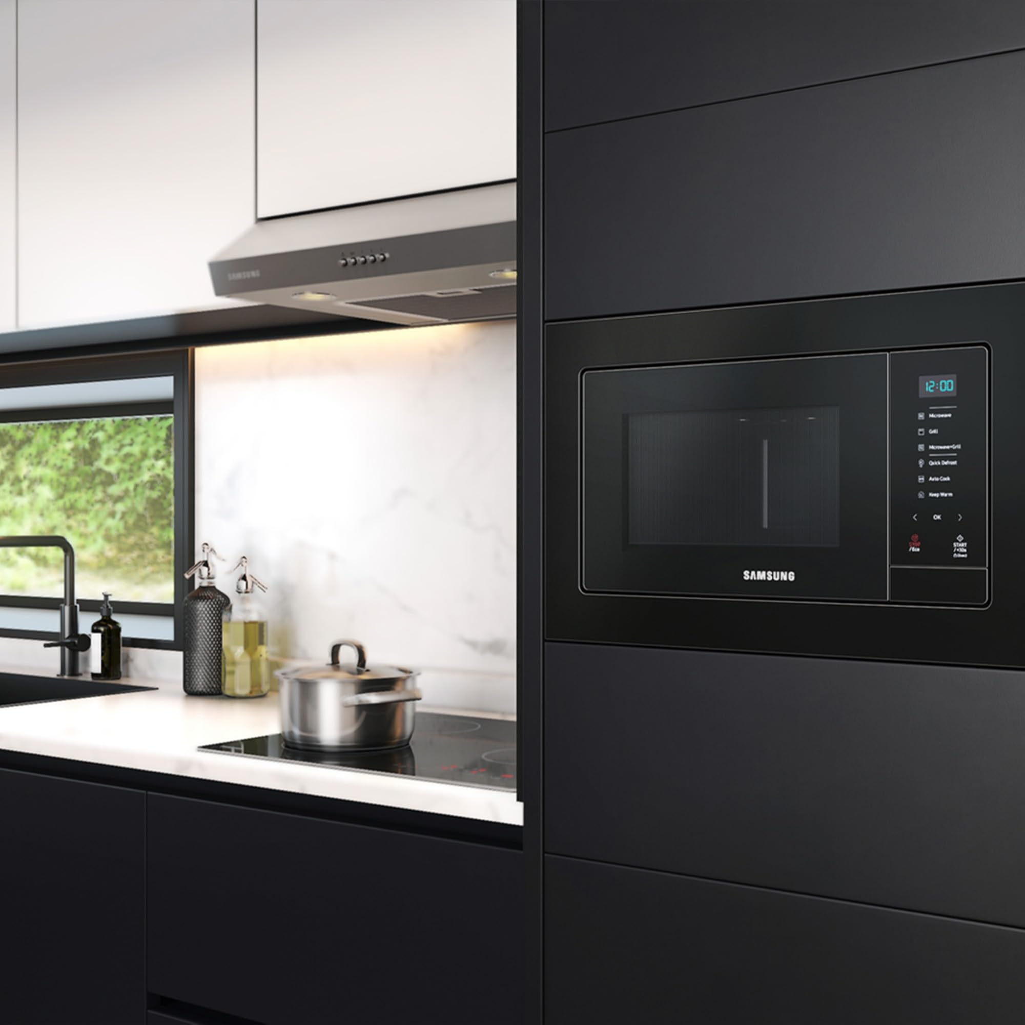 Samsung MG20A7013CB/EG Einbau-Mikrowelle mit Grill, 850 W, 20 l Garraum, Kleines Mikrowellengerät für 28 cm Nischen, Mit Einbaurahmen, Crusty Plate, Kratzfester Emaille-Innenraum, Schwarz