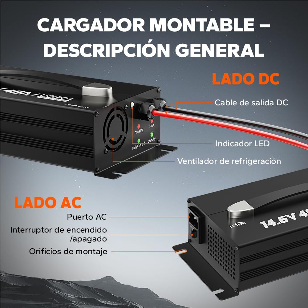 LiTime Cargador de Batería 40A LiFePO4 Litio 14.6V - Cargador Inteligente para Baterías LiFePO4 12V/12.8V – con Indicador LED, Interruptor de Encendido/Apagado y Conector Anderson (CA-CC)
