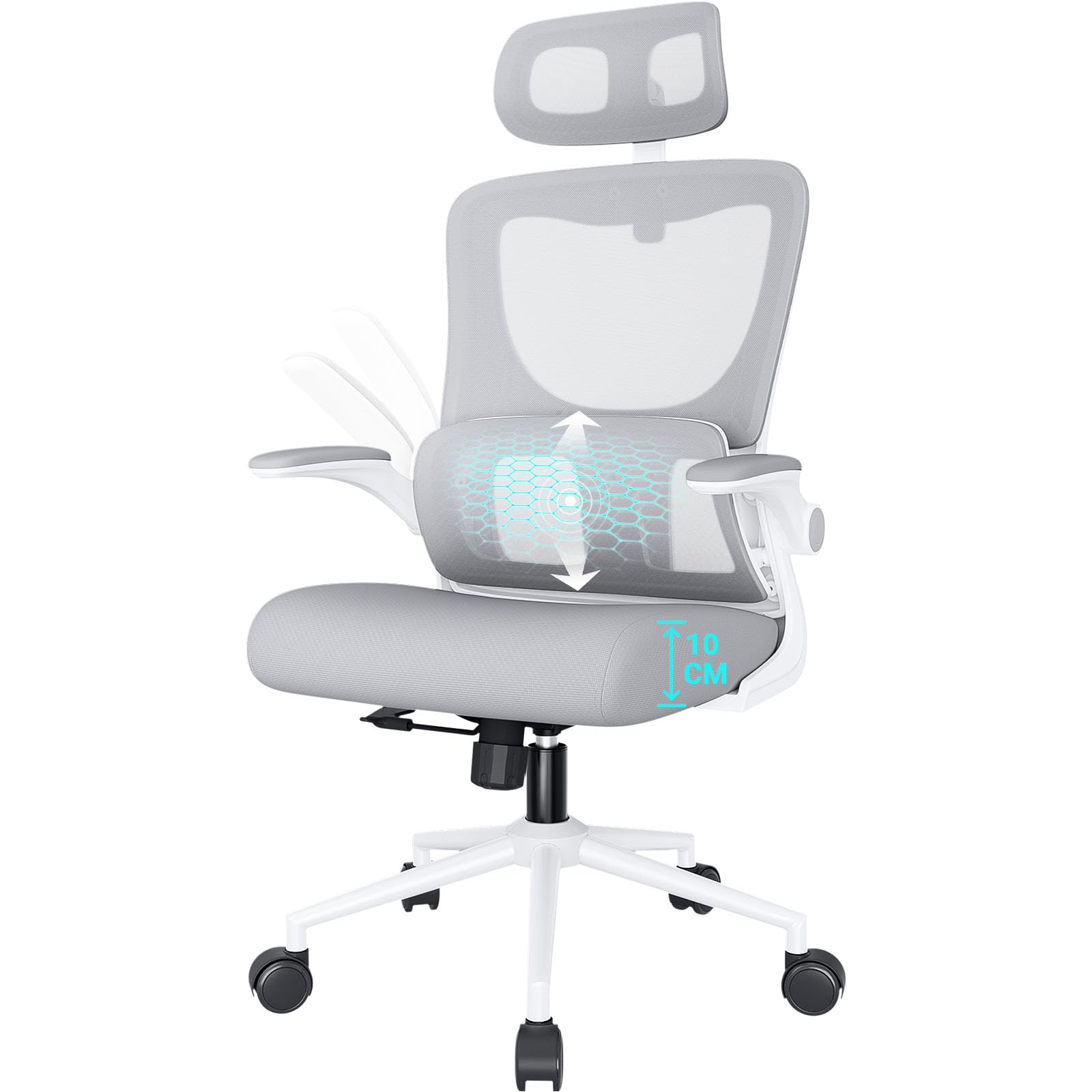 BASETBL Silla Escritorio, Silla ergonomica Escritorio con Soporte Lumbar, Silla Oficina con Reposacabezas Ajustable y Reposabrazos abatible, Sillon Oficina 150kg Desk Chair, Gris