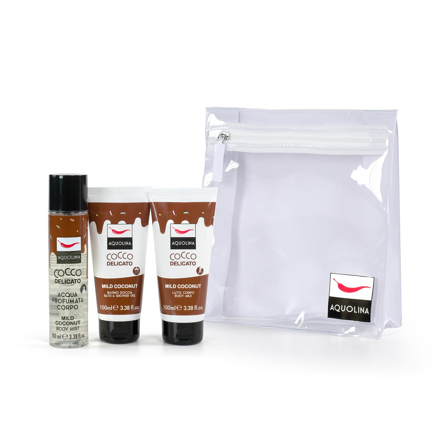Aquolina, Travel Set Cocco Delicato: Bagno Doccia, Latte Corpo, Acqua Corpo Profumata 100ml