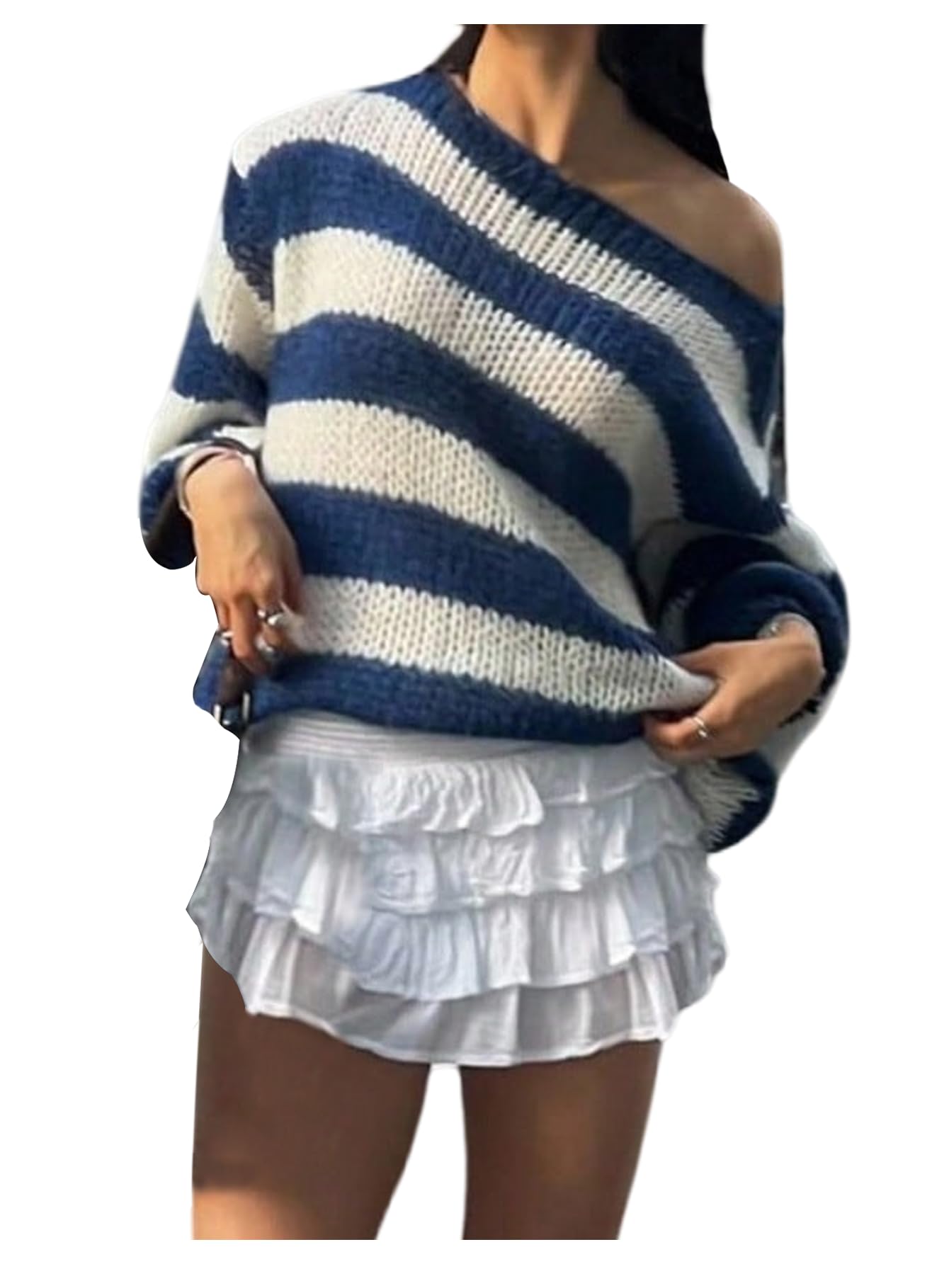 Milumia Womens Striped Off The Shoulder Sweater Oversized Fall Colorblock Long Sleeve Pullover Tops