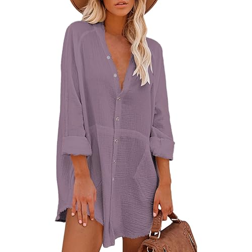 Pink Wind Women's Button Down Shirt Dress Cover Ups Long Sleeve Swimsuit Beach Dresses