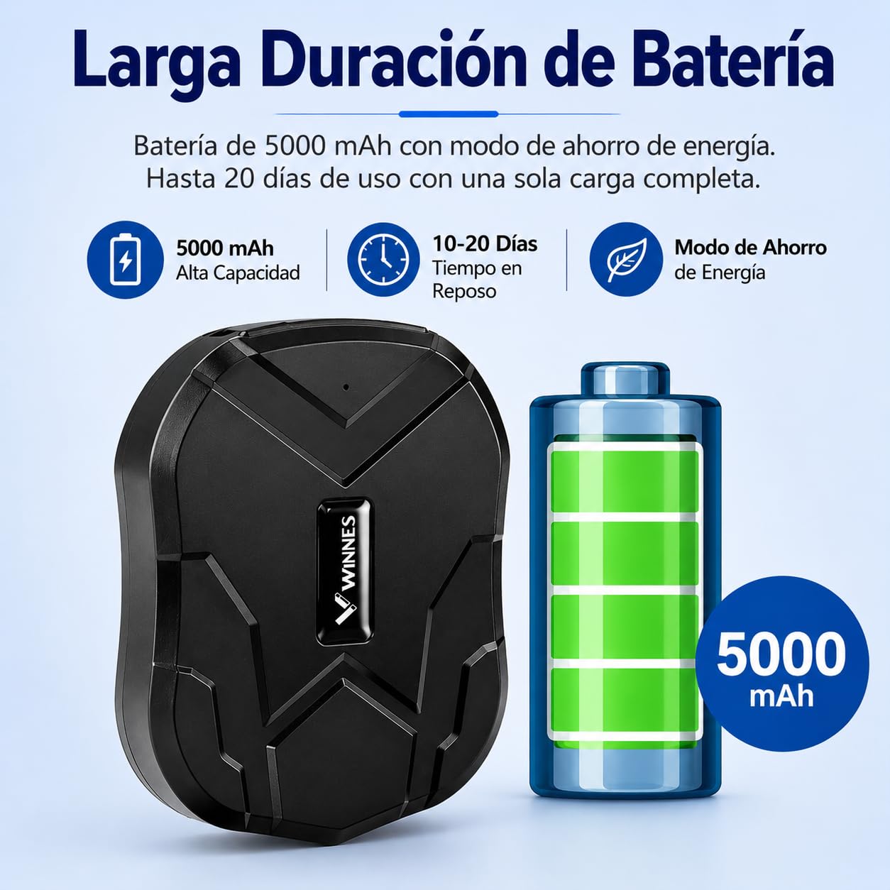 Winnes Localizador GPS para Coche 5000mah, Seguimiento en Tiempo Real y antirrobo, Apto para Coches, Motos, Camiones con rastreador magnético,Alertas Geofence aplicación Gratuita TK905