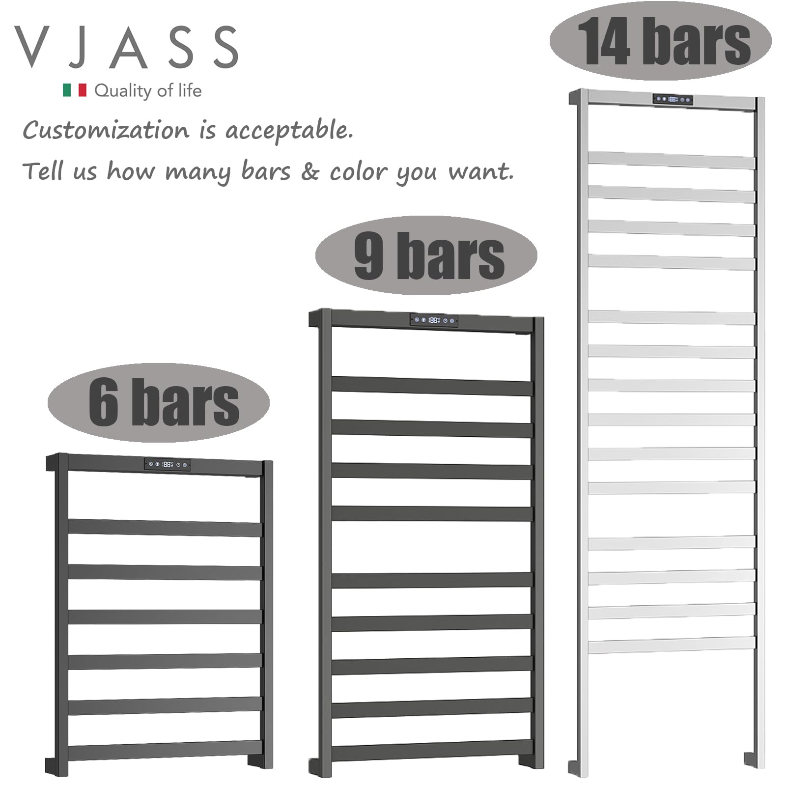 VJASS Heated Towel Rack Electric - Fast 2-3s Warm-Up, 4 Temp Settings & Built-in Timer for Bathroom, Wall Mounted Customizable with On-Site Install